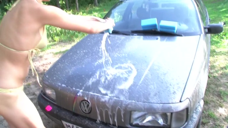Topless college women erotically wash car at the picnic