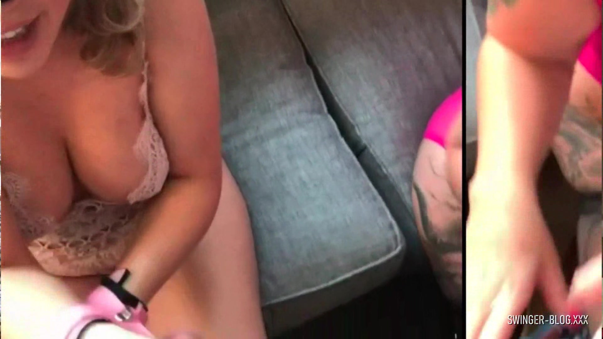 Blindfolded amateur MILFs sucking fat dicks in group orgy