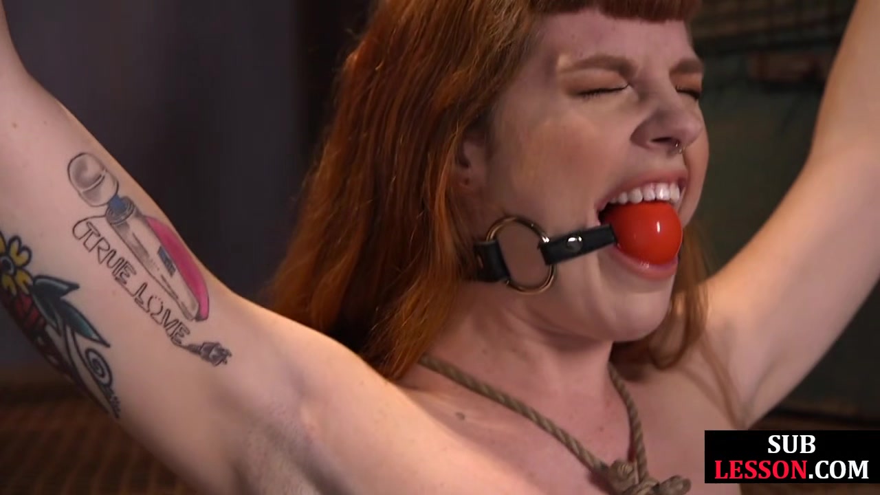 Ball gag ginger fucked in bdsm session before cum on pussy