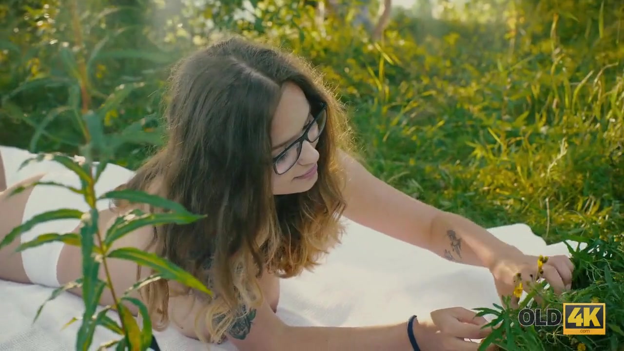 OLD4K. Beautiful redhead with glasses rides old dick in the woods