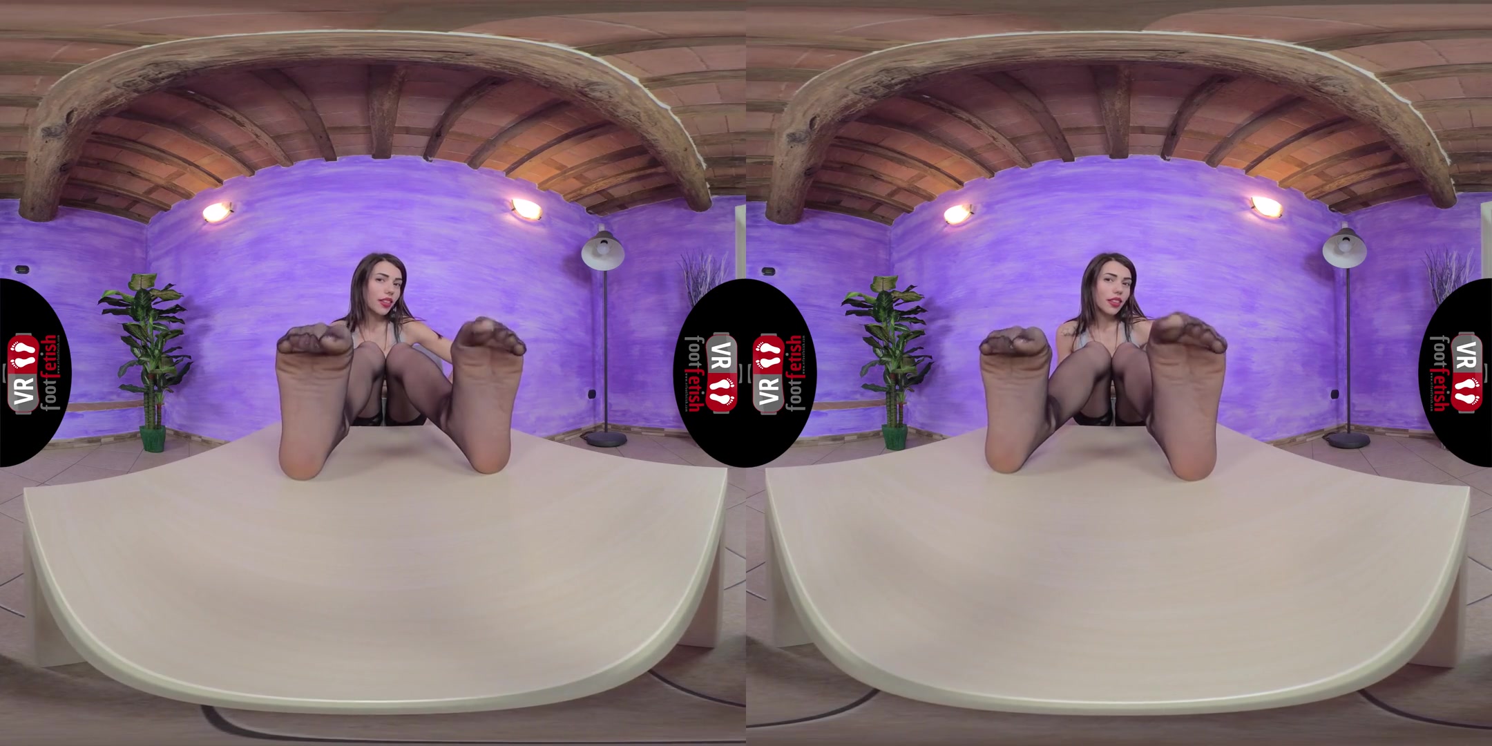 Sexy Brunette Petra Pours Some Oil On Her Nylon-Clad Feet; Foot Fetish VR Solo