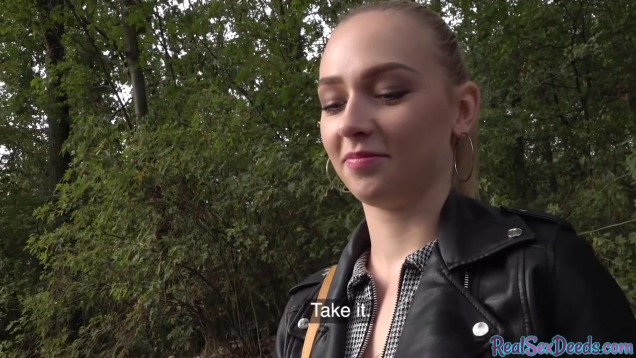 POV babe in leather jacket public fucked outdoor after BJ