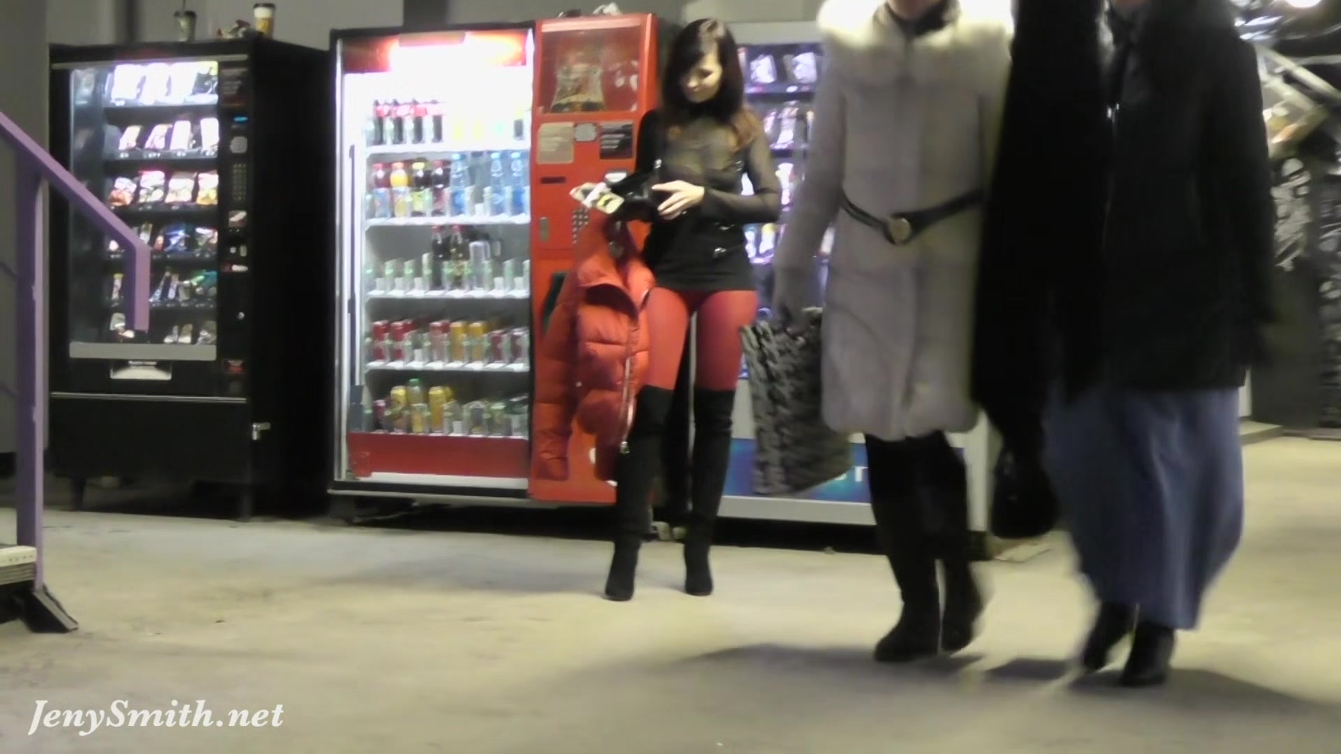 Red Tights. Jeny Smith public walking in tight red pantyhose (no panties)