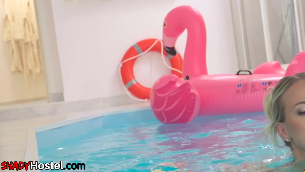 Busty anal MILF with fake melons fucked on hostel pool