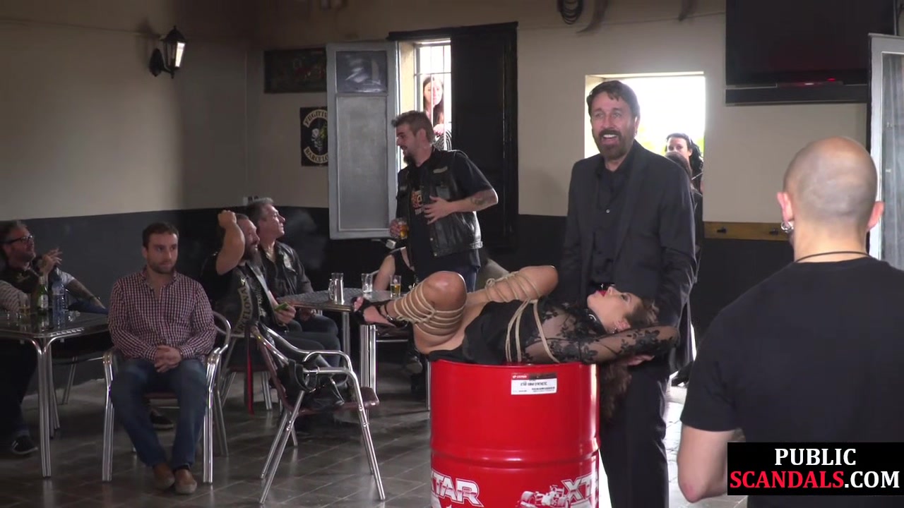 Bound public slut humiliated in group before cockriding