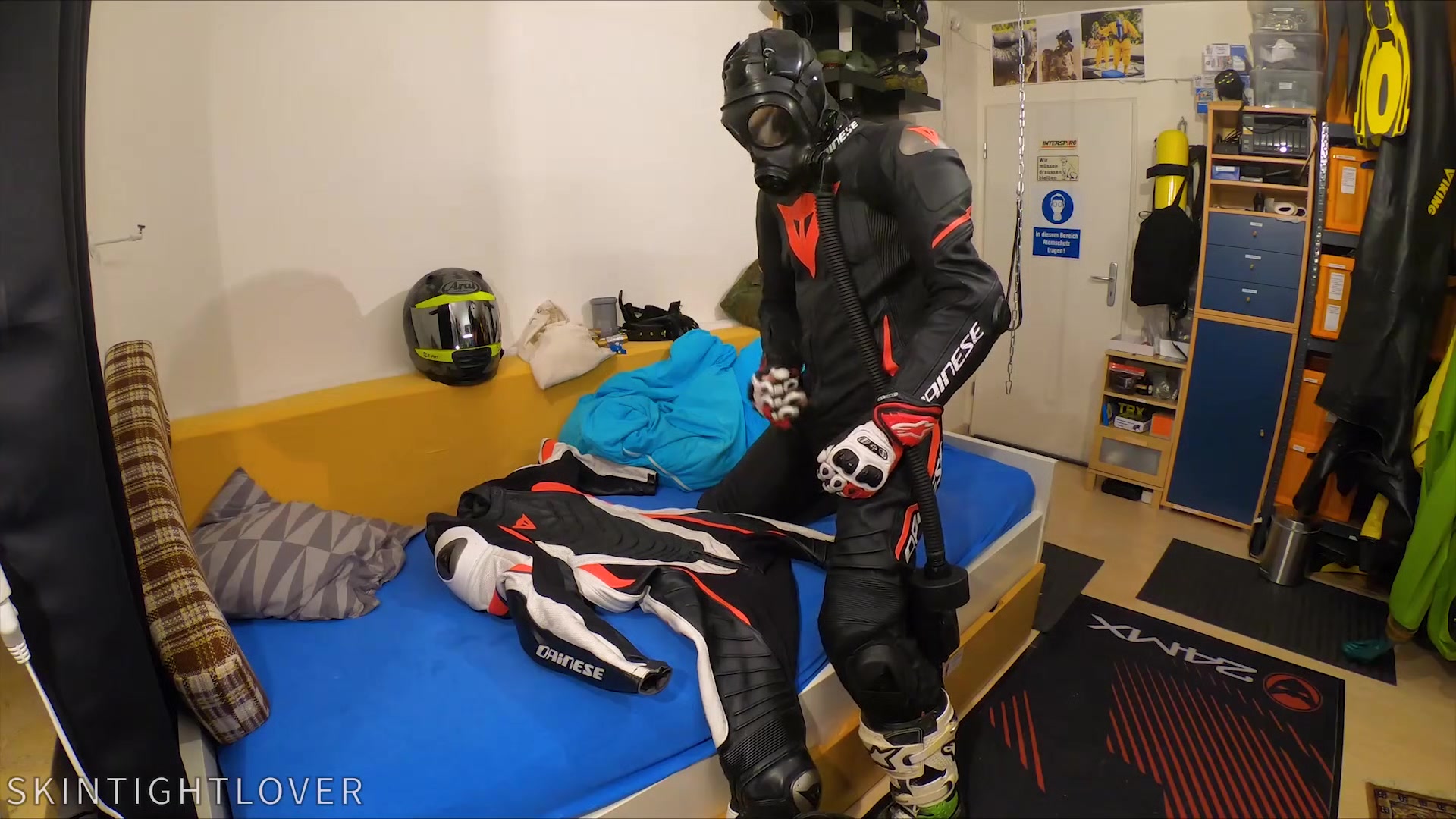 Wanking in biker suit cum