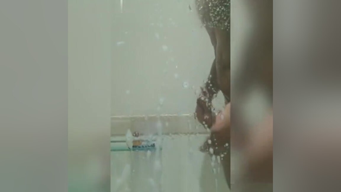 Fat guy with small penis masturbating and peeing in the shower