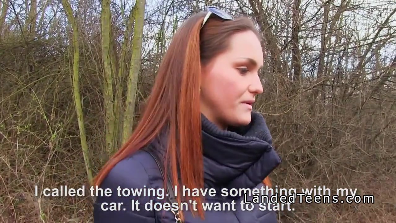 Redhead teen 18+ flashing big tits to stranger in his car