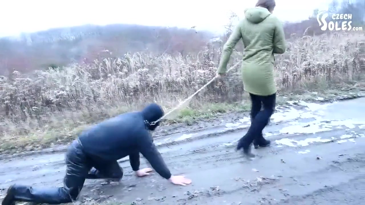 Walking The Doggy In The Cold - Boots Worship femdom Footdom Boots Licking Foot Slave On Leash