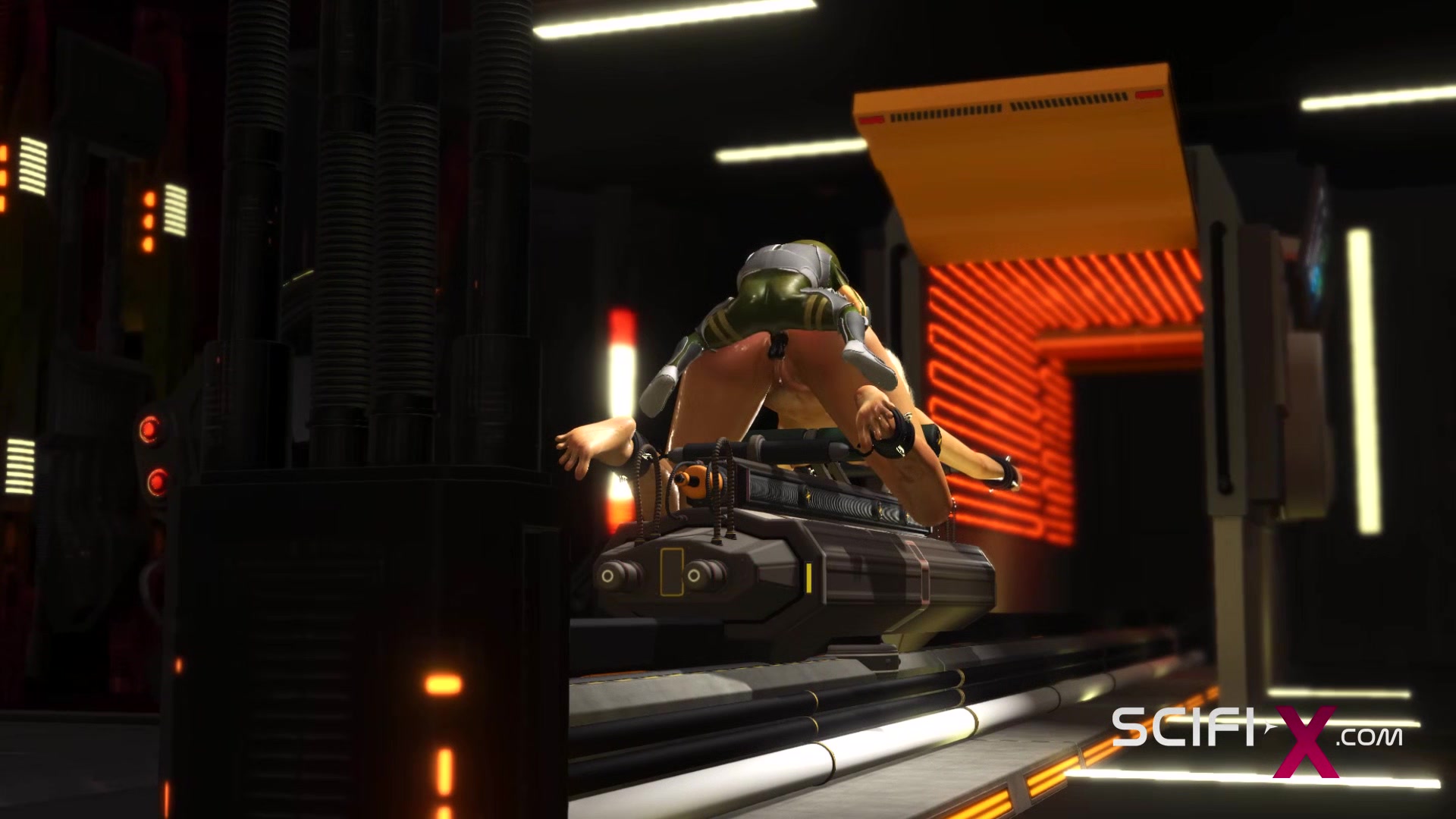 Green alien fucks hard a sexy cuffed girl in the sci-fi lab in a spacecraft