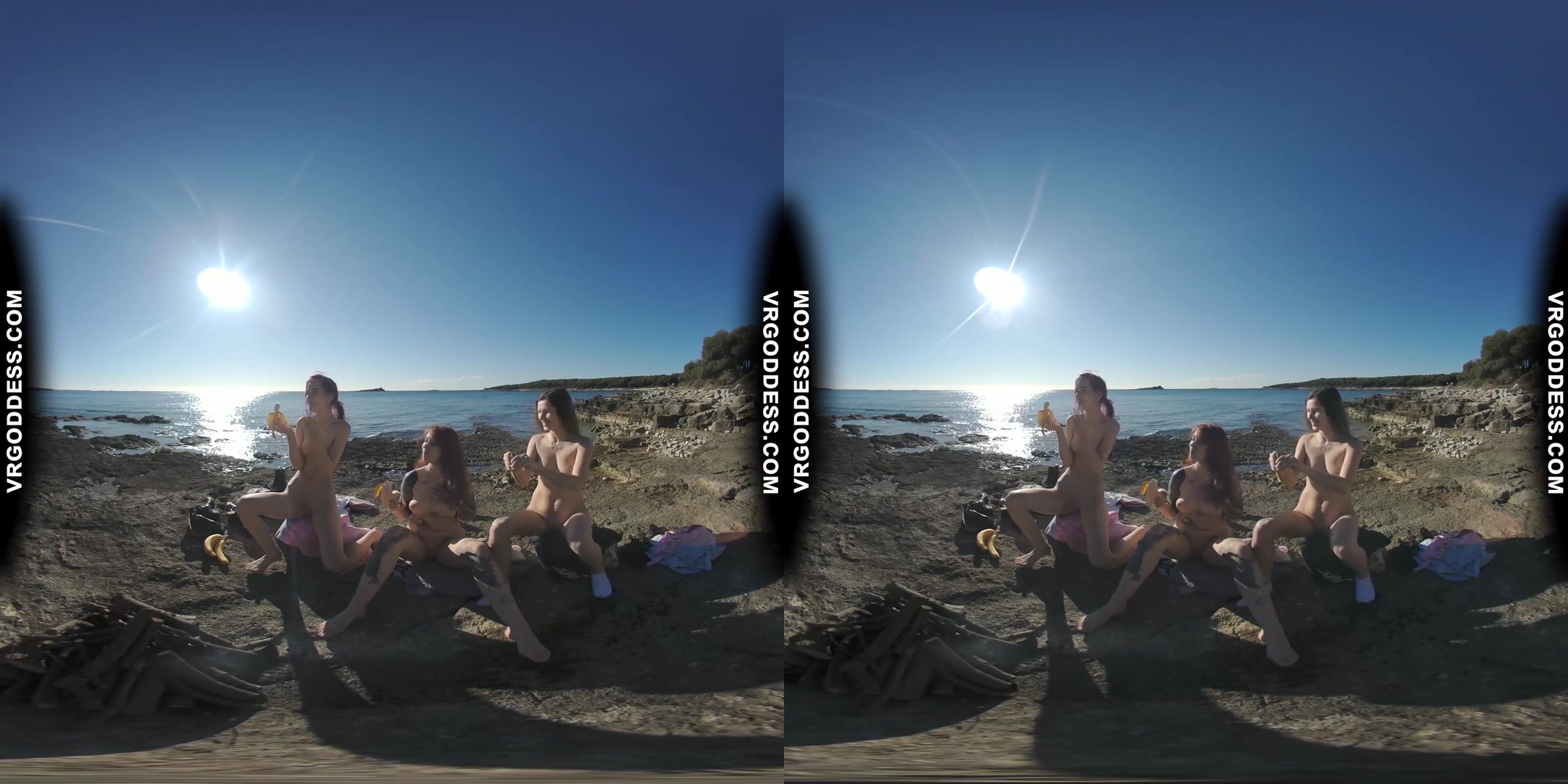 3 Hot Girls Getting Naked On Beach During Winter Making Fire Eating Bananas Dancing