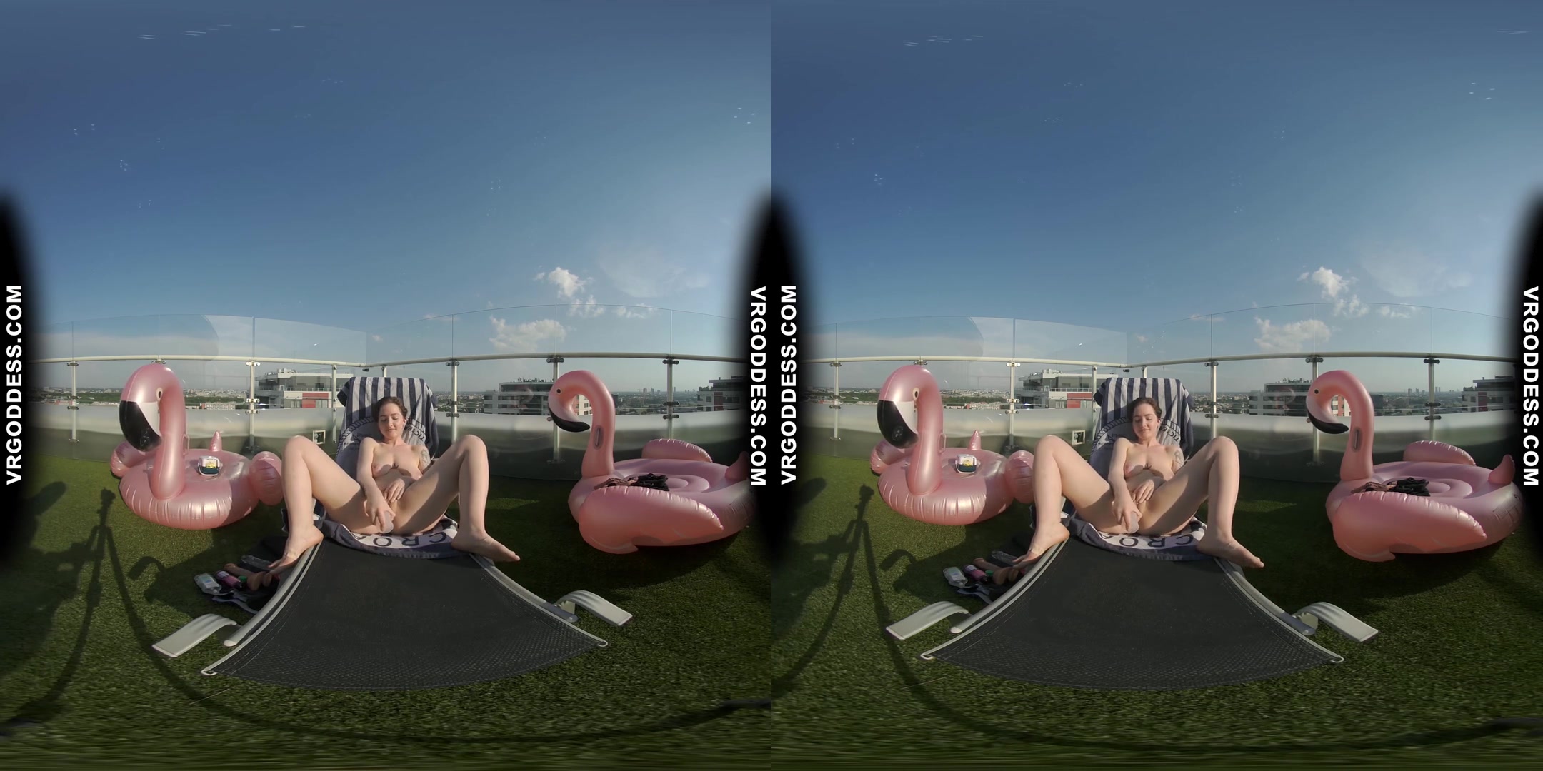 Big Boobed Tattoo Sammy Masturbating With A Dildo In The Sun On Private Penthouse Rooftop