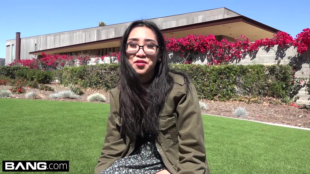 Nerdy teen 18+ asian Eva Yi flashes her tits in public