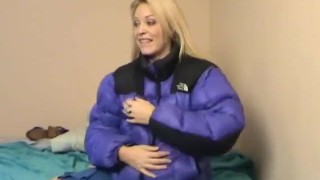 Blonde in Purple Puffy Jacket
