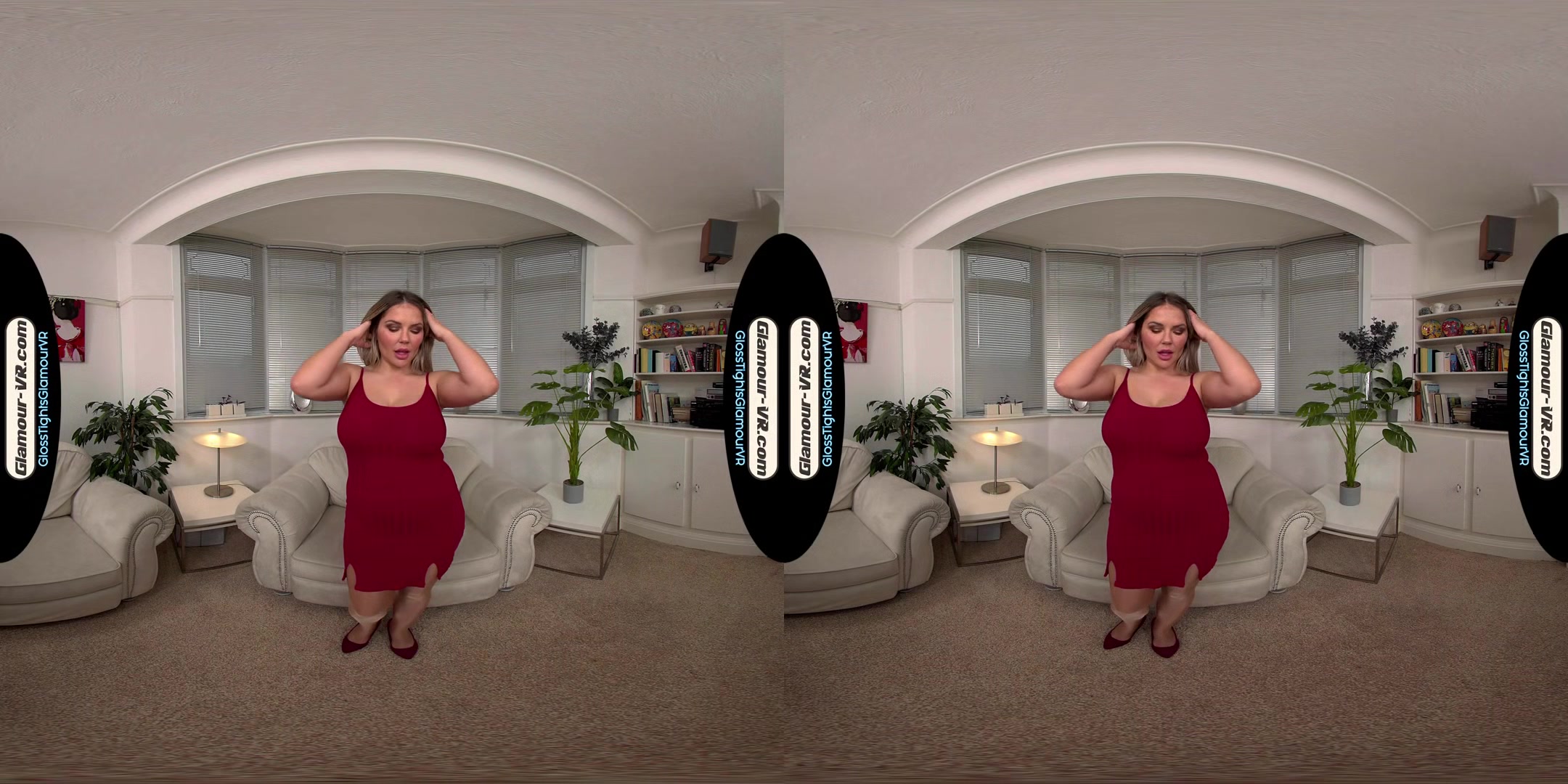 Siobhan Graves Red Party Dress With Tan Glossy Tights/Pantyhose Treat - 8k Vr