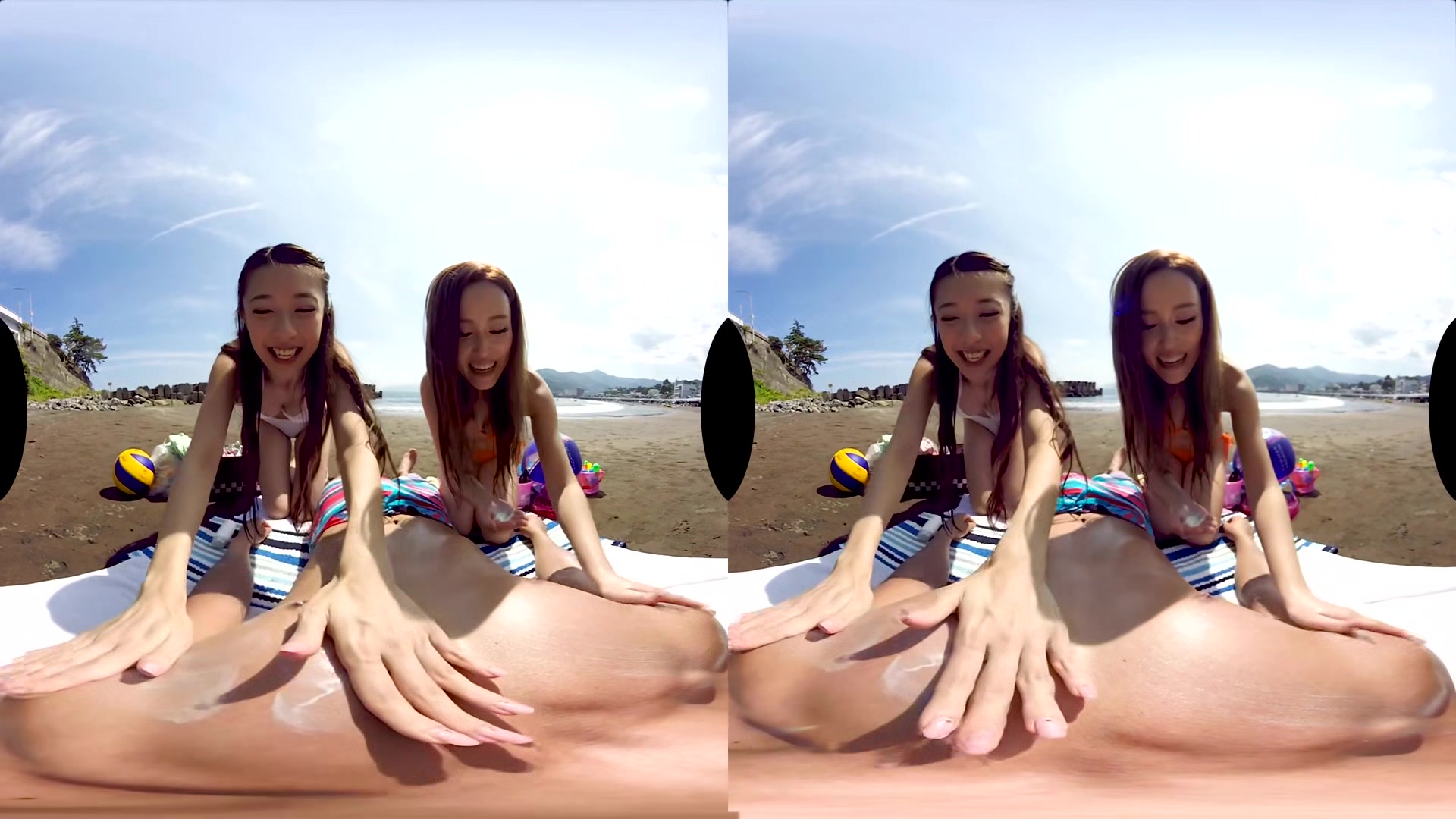 Fun At The Beach Before Threesome At The Onsen; Two Japanese Babes