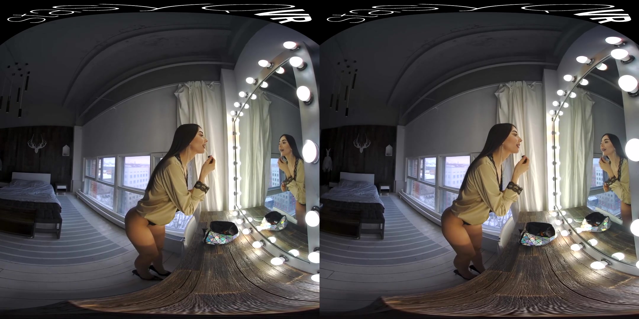 The Magic in the Mirror; brunette solo striptease glasses lingerie