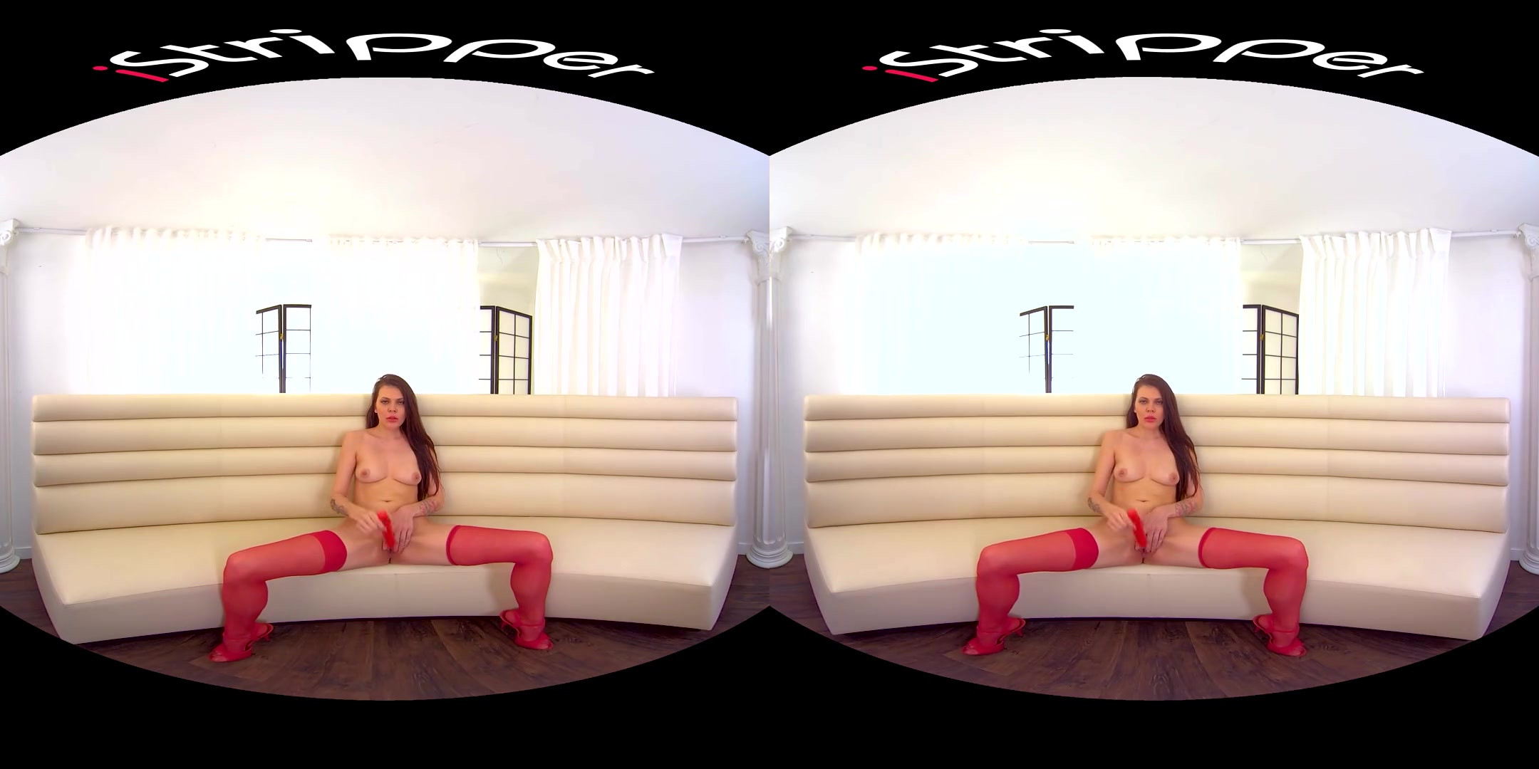 Verona Sky - Sexy Brunette in Red Stockings - Shaved Lingerie Toying