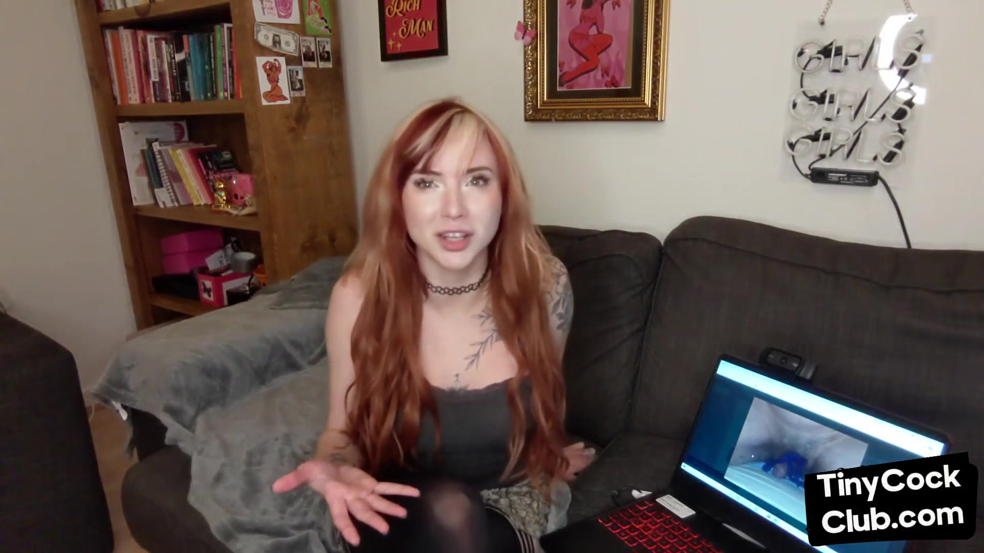 SPH solo inked babe in stockings humiliates small dicks