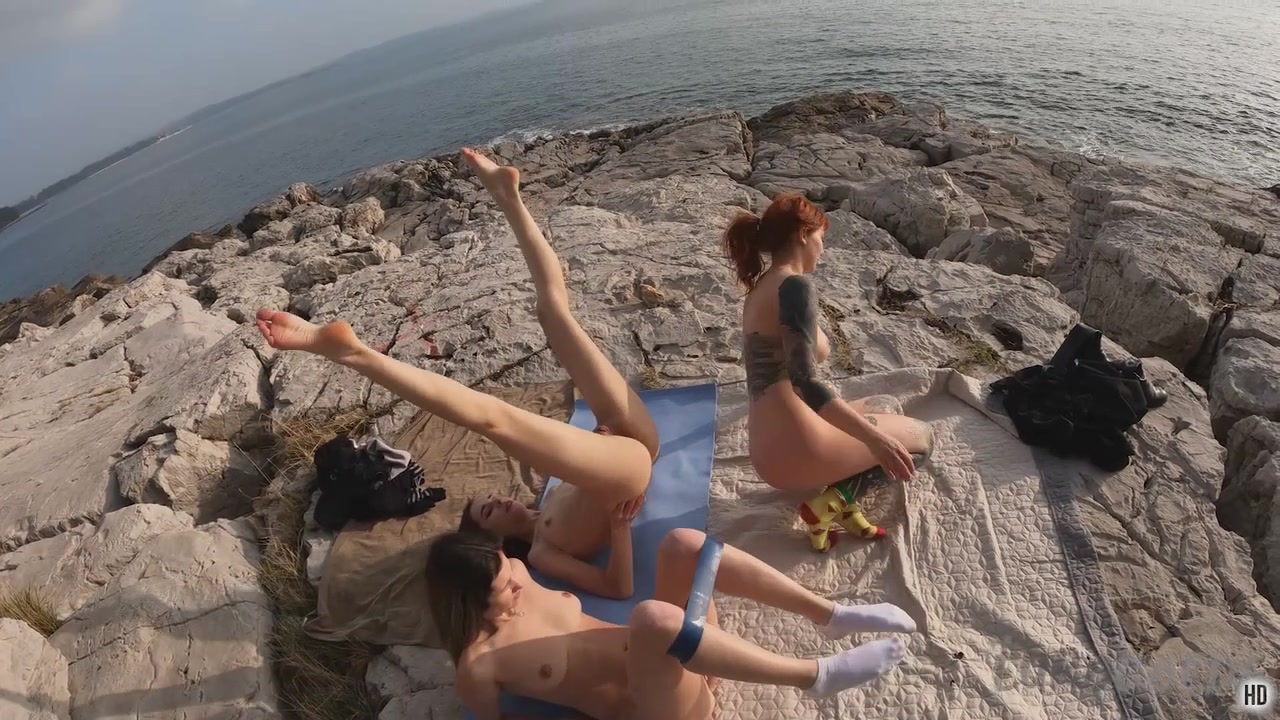 Naked Working Out On A Rocky Beach Cold January Day On Winter Vacation