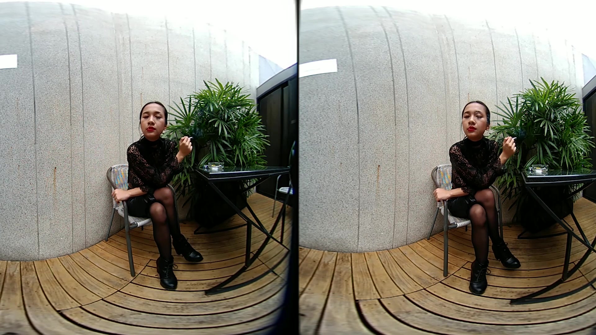 Young Girl Smokes Topless And In Leather Skirt - VRPussyVision