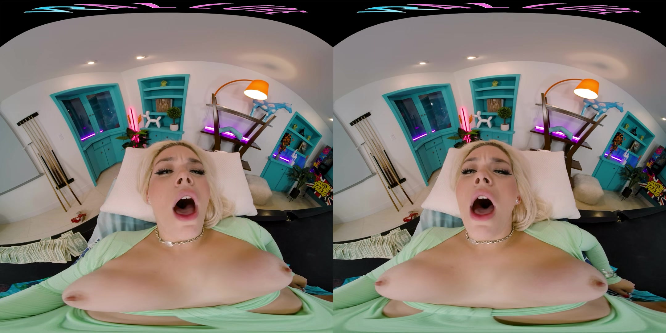 Seductive blonde with big boobs gives you a steamy show in VR