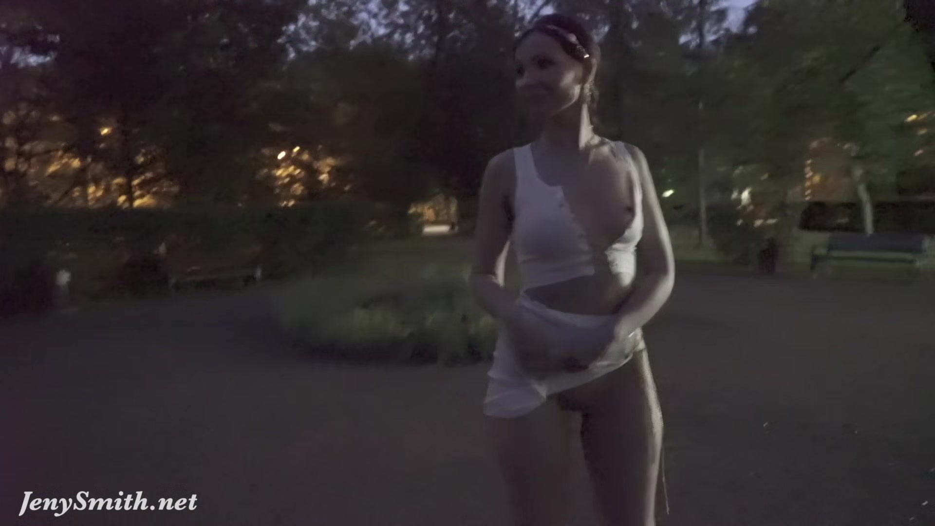 Jeny Smith tests her new suit. Flashing in public