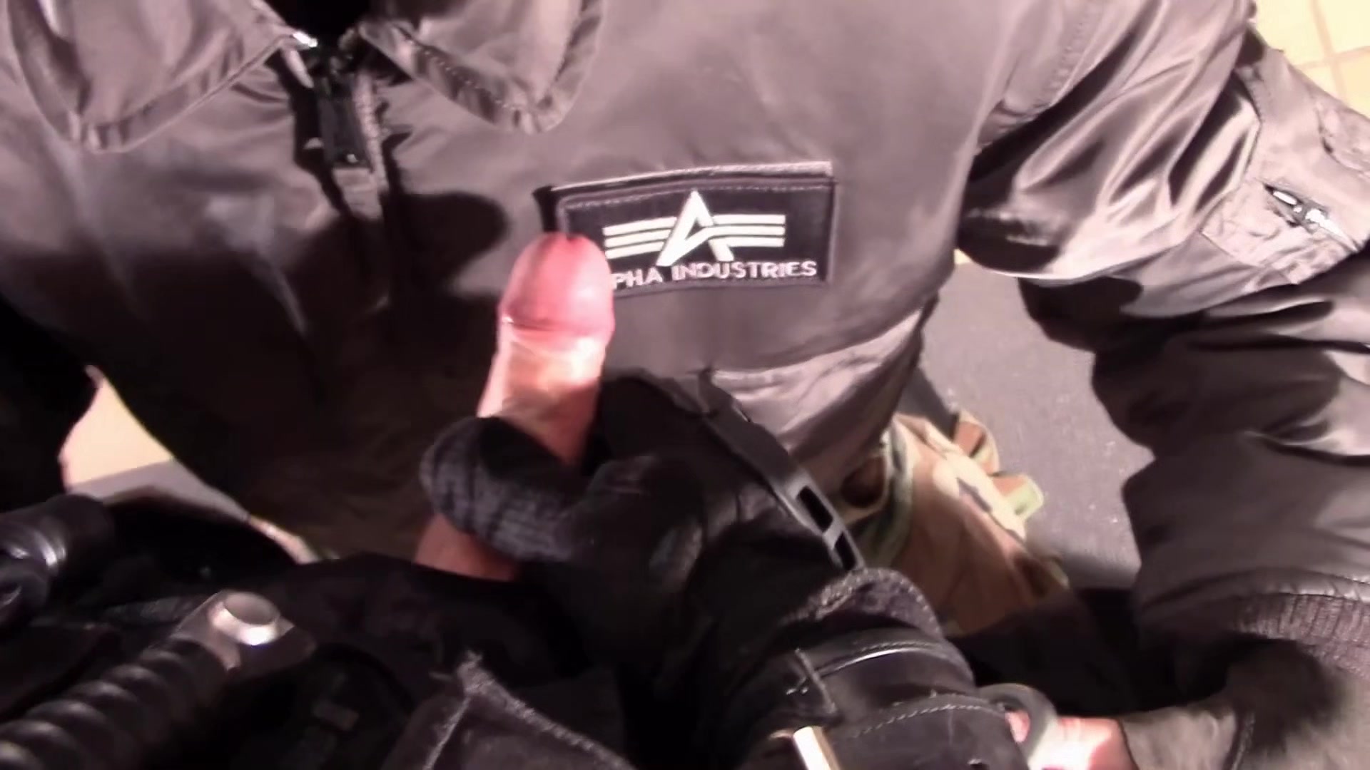 Swat cop cum load on alpha bomberjacket