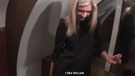 Blond in nylons screwed in the biffy