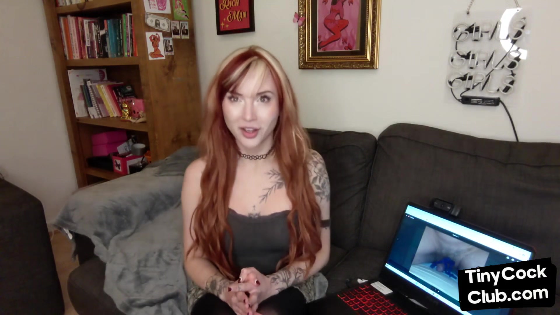 SPH solo inked babe in stockings humiliates small dicks