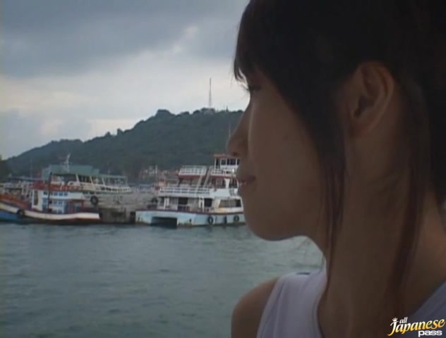 Hot and sexy brunette Asian babe gagging hard cocks and double penetrated on the beach