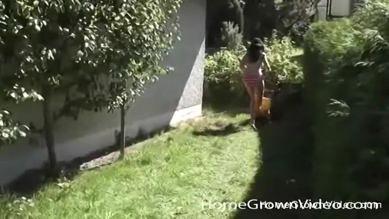 Busty brunette gardening outside then sucking cock