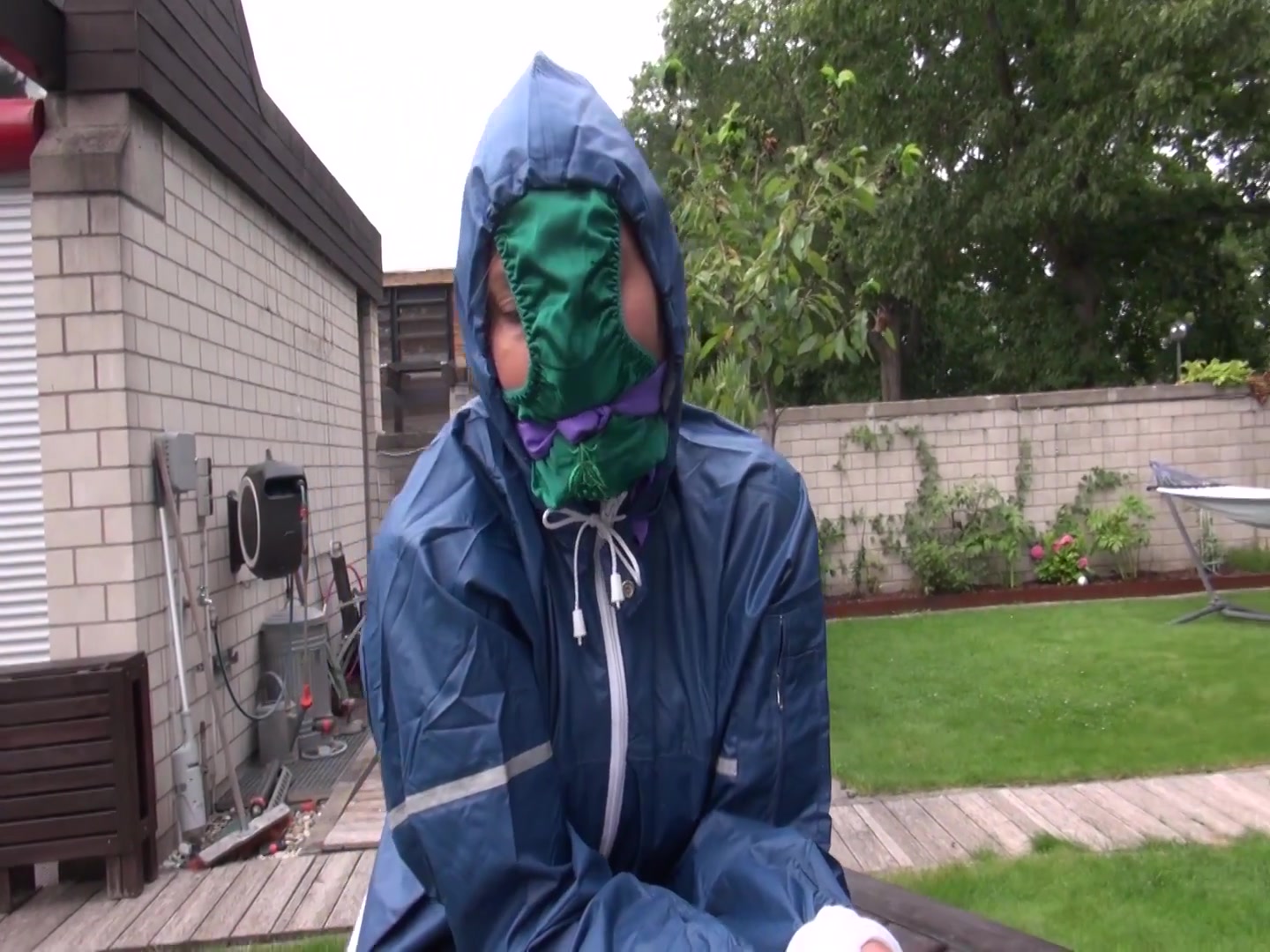 Watch Sandra Beeing Bound, Gagged With A Pantyhood In Her Oldschool Rainsuit