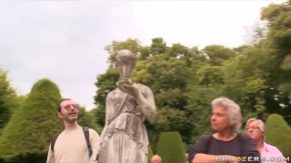 Horny French brunette sluts fuck in threesome in garden outdoors - Brazzers