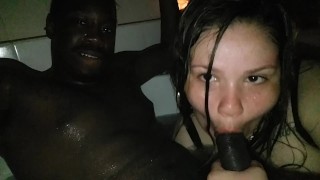 Latina giving BBC blow job in jacuzzi