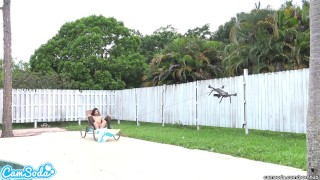 lesbian teen threesome play tug a war with a drone and their college pussy