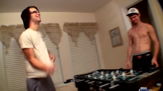The winner of a Foosball game gets the loser to suck his cock 