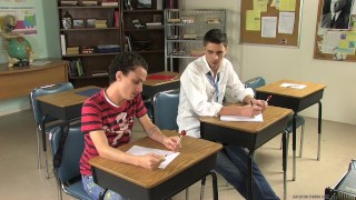 Classmates Maddox and Phillip having fun in class 