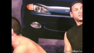 Bearded muscular guy gets banged by black men