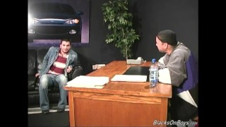 Bearded muscular guy gets banged by black men