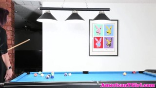 Tattooed pierced tgirl wanks on pooltable