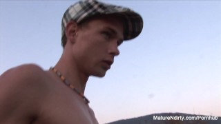 Blonde mature sucks & fucks outdoors