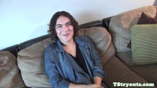 Auditioning trans beauty wanks hard cock solo