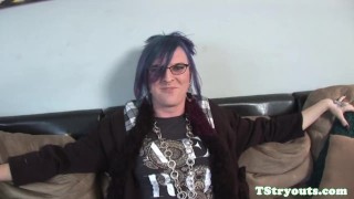 Alternative tgirl wanks solo on casting couch