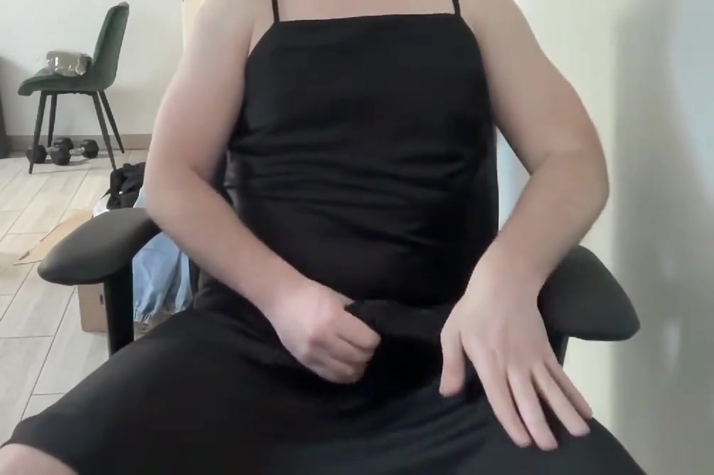 Crossdresser In The Black Maxi Satin Silk Dress Showing Big Cock And Thinking About Anal Sex And Blowjobs In Office