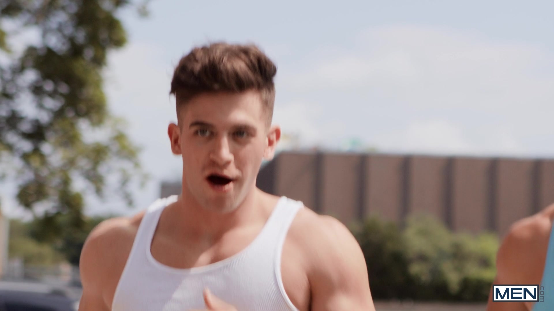 Cock Marathon Scene Poster on men with Malik Delgaty, Trevor Brooks