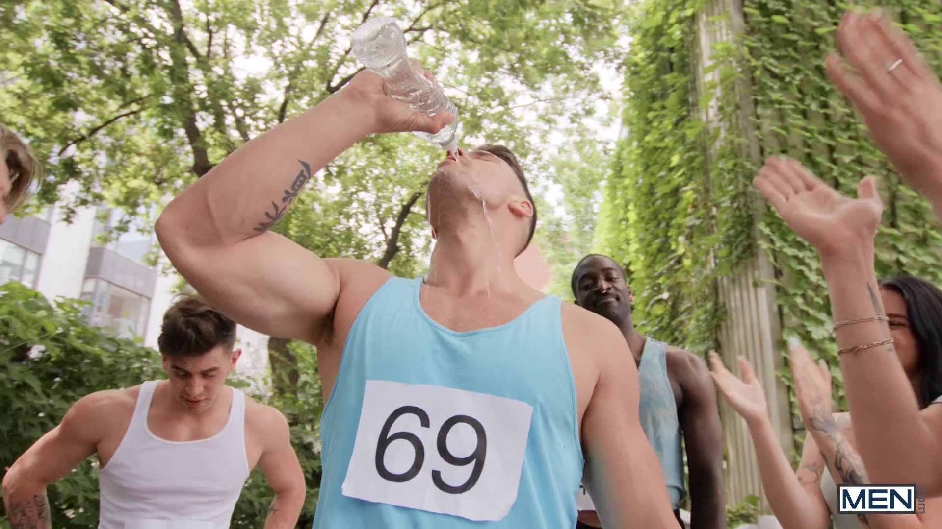 Cock Marathon Scene Poster on men with Malik Delgaty, Trevor Brooks