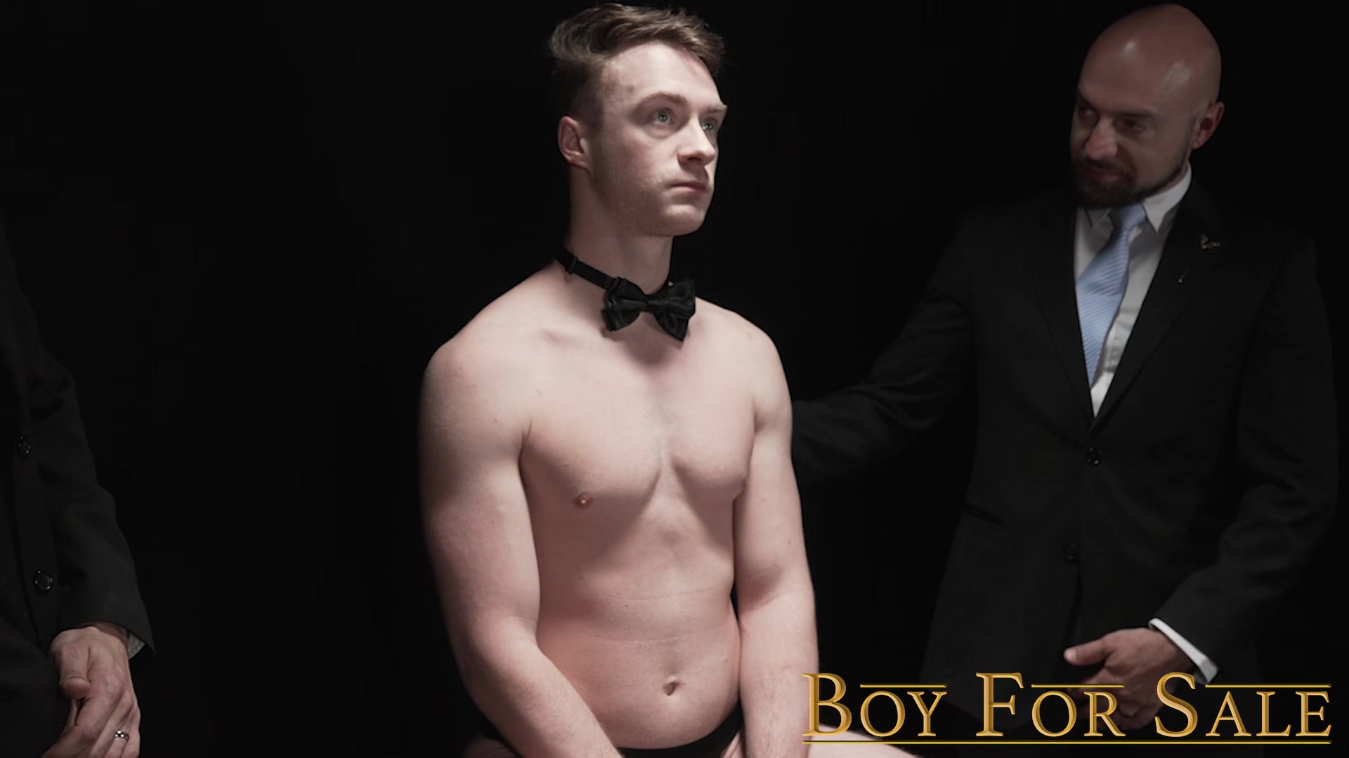 BoyForSale Cole Blue is spit roasted between suited Step daddies