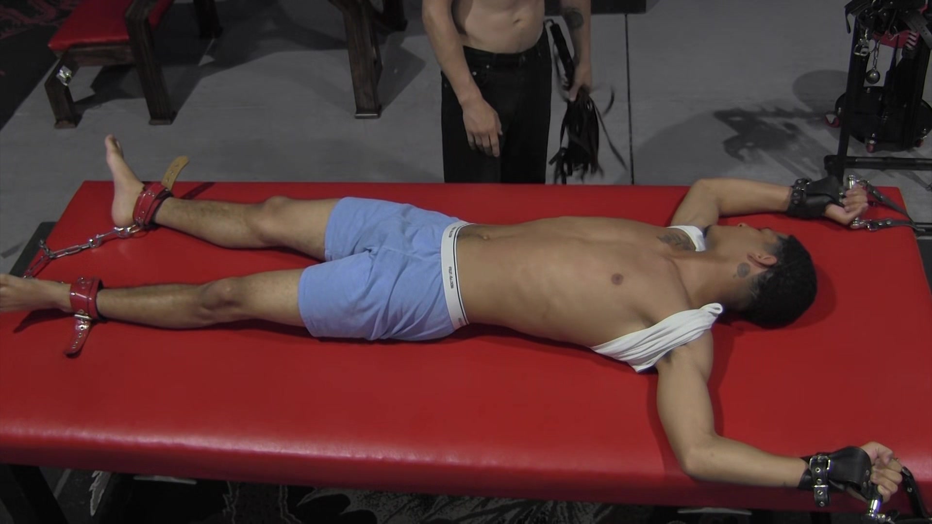Muscular jock John Wolfboy torments bound sub Jay Ru