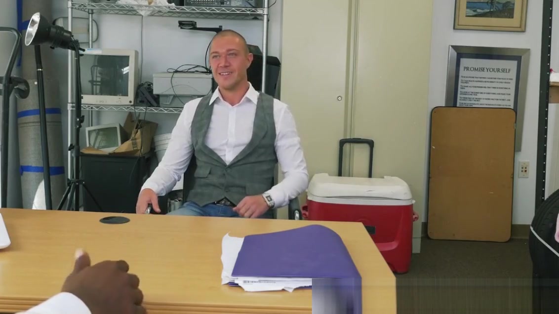 Handsome dude interracially fucked for cash in the office